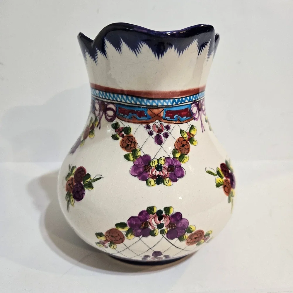 Hand Painted Mexican Floral Pitcher Ceramic Vase Floral Cottagecore Farmhouse 7